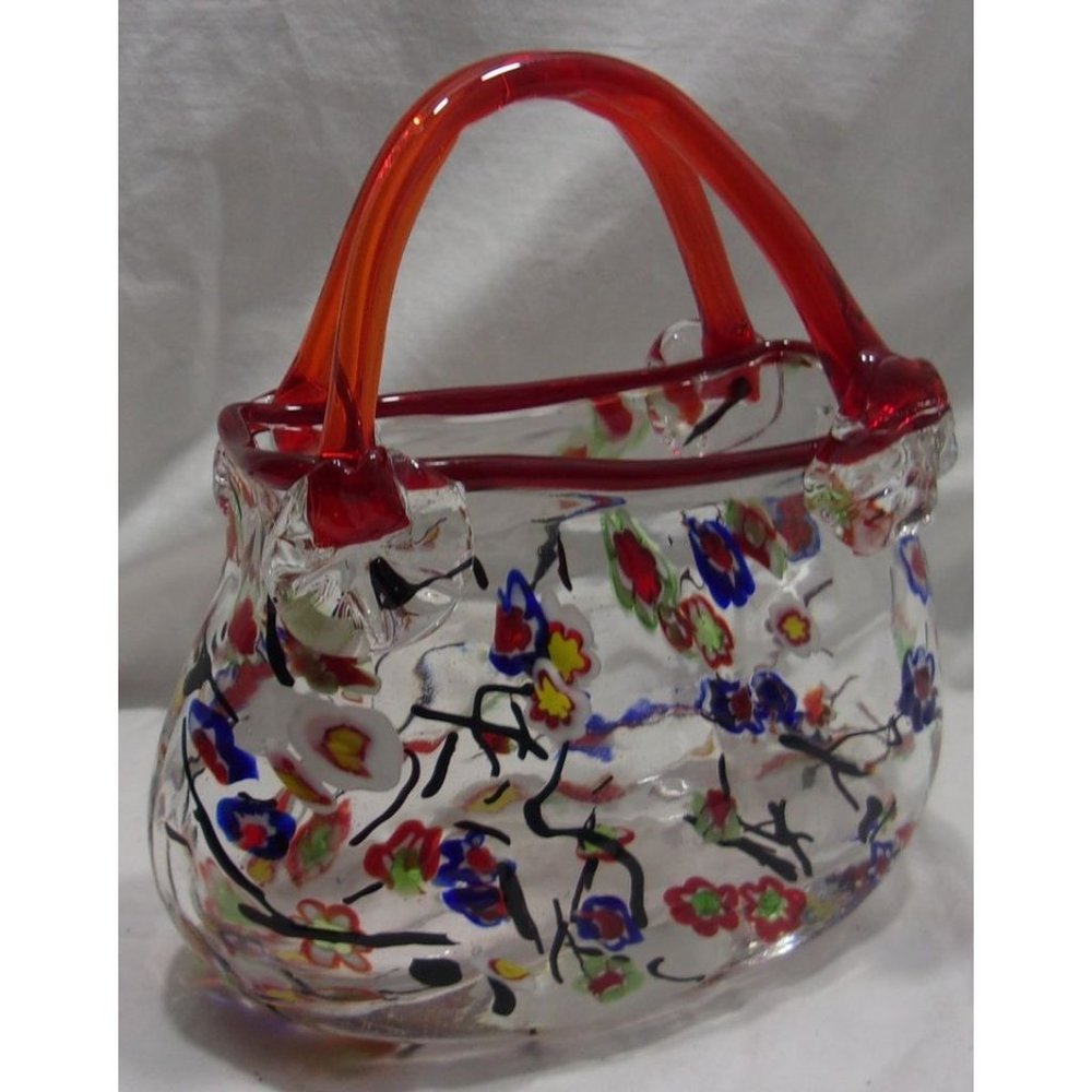 Gorgeous Murano Style Millefiori Clear Blown Art Glass Purse/Vase